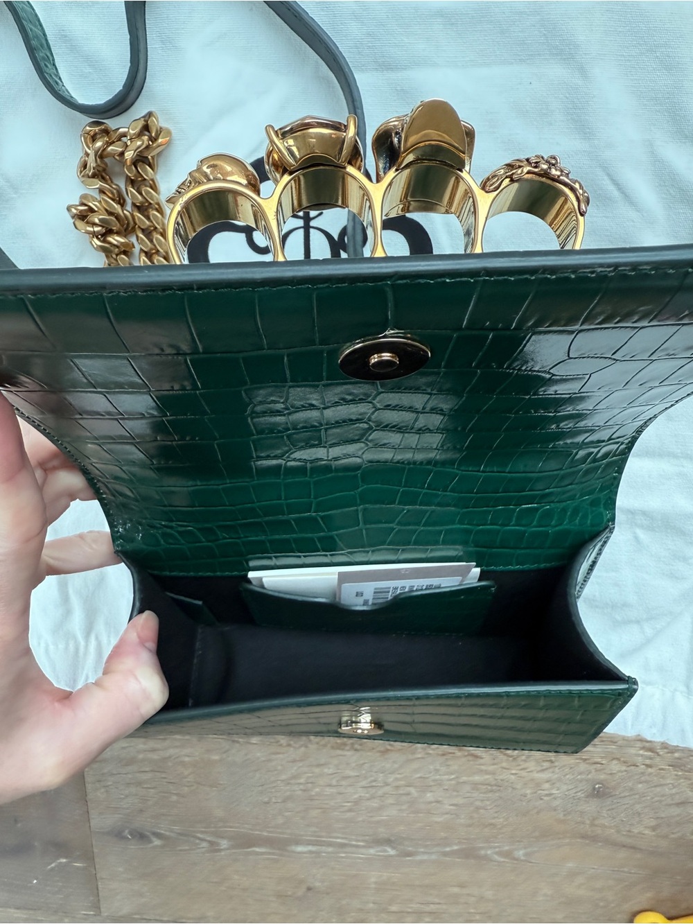 ALEXANDER MCQUEEN ‘Mini Jeweled Croc Satchel’ in Emerald/Gold - Picture 11 of 14